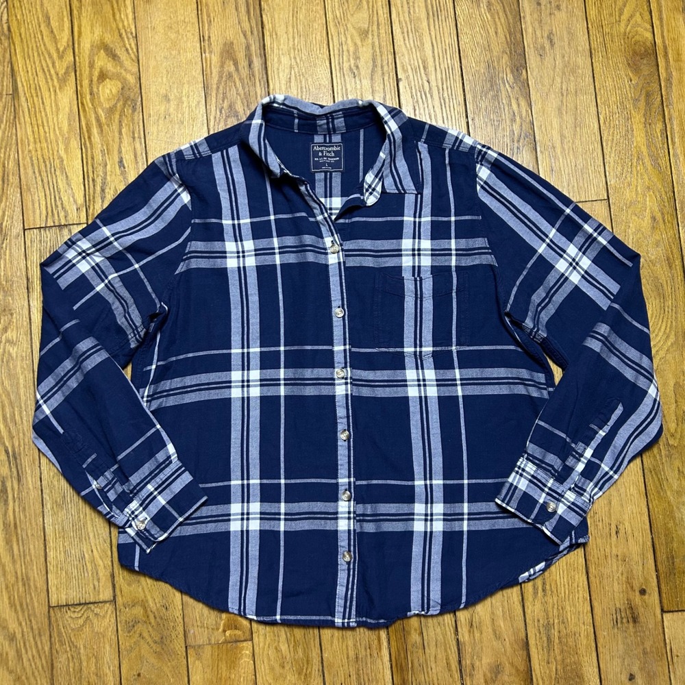 Abercrombie & Fitch Navy Blue White Plaid Flannel Button Down Shirt Womens Large